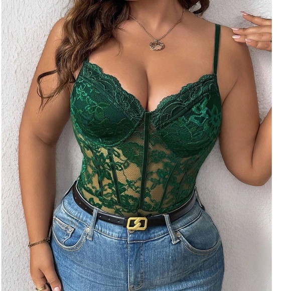 Plus Black Floral lace Semi Sheer Cami Bodysuit - Picture 8 of 8